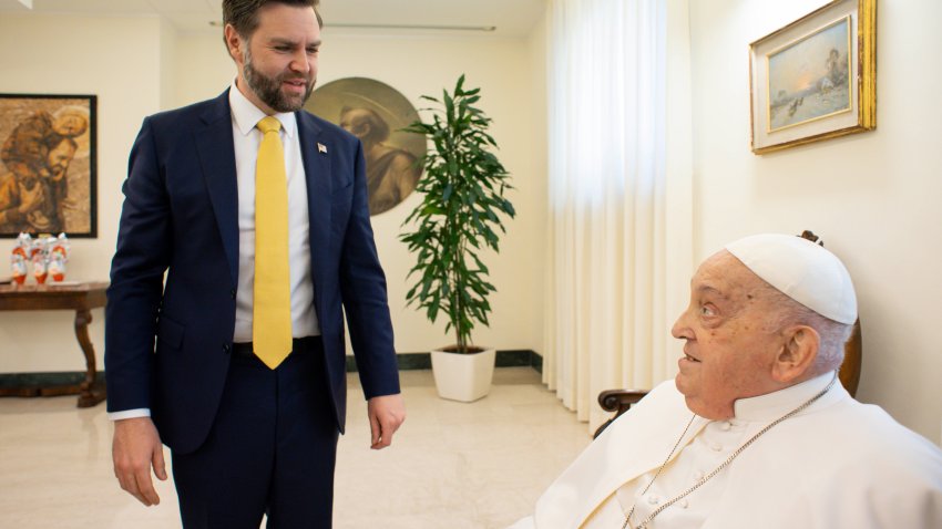 VATICAN CITY, VATICAN – APRIL 20: (EDITOR NOTE: STRICTLY EDITORIAL USE ONLY – NO MERCHANDISING). Pope Francis meets with U.S. Vice President JD Vance and delegation during an audience at Casa Santa Marta on April 20, 2025 in Vatican City, Vatican. (Photo by Vatican Media via Vatican Pool/Getty Images)