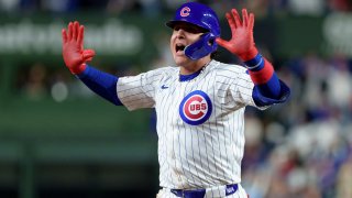 CHICAGO, ILLINOIS – APRIL 22: Miguel Amaya #9 of the Chicago Cubs reacts to hitting a game tying home run in the bottom of the ninth inning in a game against the Los Angeles Dodgers at Wrigley Field on April 22, 2025 in Chicago, Illinois. (Photo by Matt Dirksen/Chicago Cubs/Getty Images)