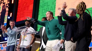 GREEN BAY, WISCONSIN – APRIL 24: Clay Matthews speaks during the first round of the 2025 NFL Draft at Lambeau Field on April 24, 2025 in Green Bay, Wisconsin. (Photo by Stacy Revere/Getty Images)