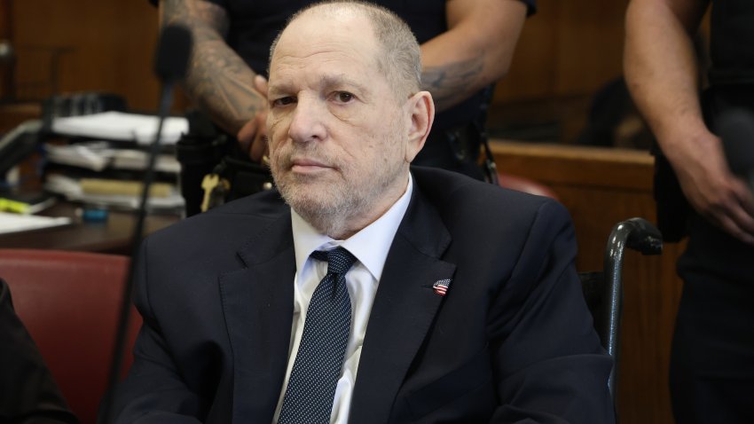 Harvey Weinstein, former co-chairman of the Weinstein Co., at Manhattan criminal court in New York, US, on Tuesday, April 29, 2025. Weinstein faces a retrial on rape and sex assault charges after his 2020 conviction by a jury was overturned by an appeals court last year. Photographer: Jefferson Siegel/New York Times/Bloomberg via Getty Images