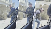 Images from a video showing an ICE agent smashing a window during an arrest in New Bedford, Massachusetts, on Monday, April 14, 2025.