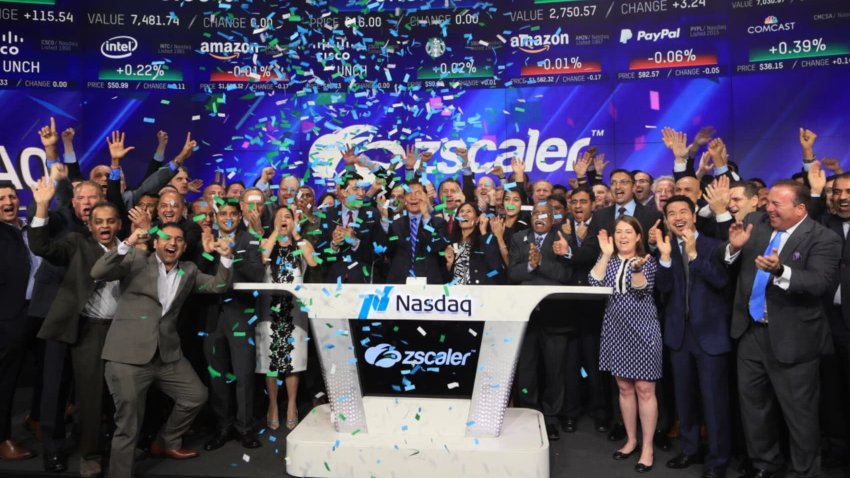Zscaler rings the opening bell at the Nasdaq exchange in New York, March 16, 2018.