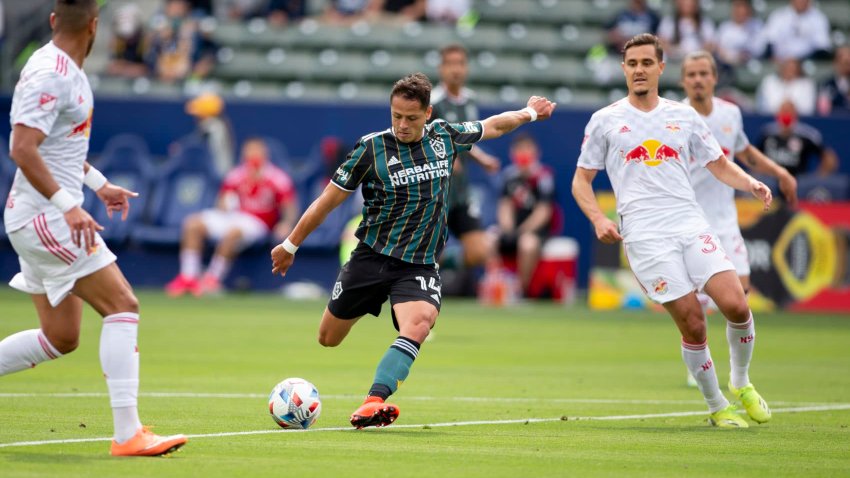 Javier Hernandez, #14 of the Los Angeles Galaxy. takes a shot on goal during a game between New York Red Bulls and Los Angeles Galaxy at Dignity Health Sports Park on in Carson, California, on April 25, 2021.
