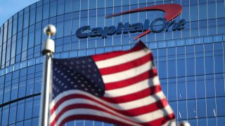 The logo for consumer lending firm Capital One Financial Corp. is seen on its headquarters in McLean, Virginia, on Jan. 20. 2023.