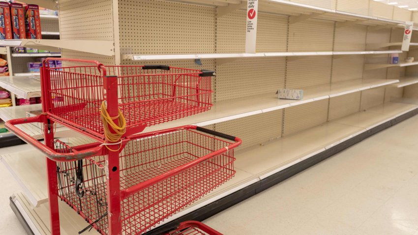 Empty shelves are visible at a Target retail store in Contra Costa County, San Ramon, California.