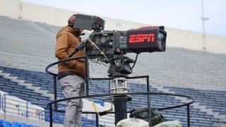 A general view of the ESPN logo on a camera at Simmons Bank Liberty Stadium in Memphis, Tennessee, on April 6, 2024.