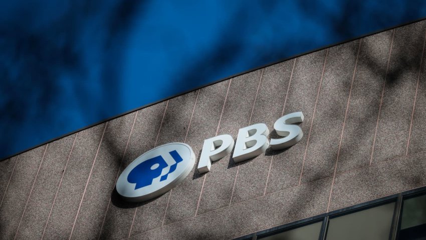 A PBS sign is seen on the Public Broadcasting Service’s headquarters building in Arlington, Virginia, Feb. 18, 2025.