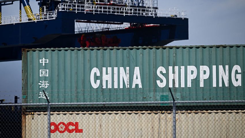 A China Shipping cargo container sits stacked at the Port of Long Beach in Long Beach, California on April 10, 2025. 