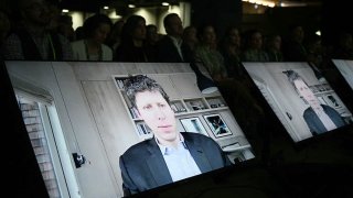 Sam Altman, co-founder and CEO of OpenAI and co-founder of Tools for Humanity, participates remotely in a discussion on the sidelines of the IMF/World Bank Spring Meetings in Washington, D.C., April 24, 2025.