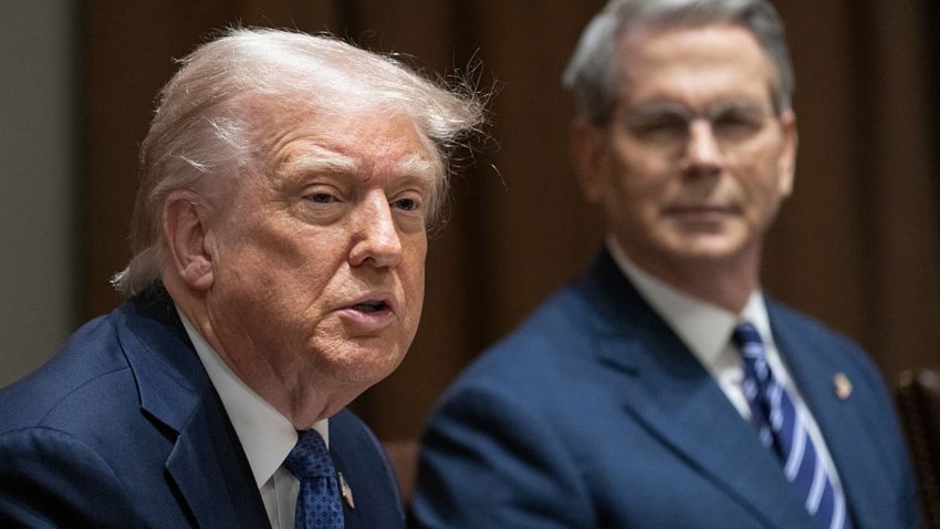 US President Donald Trump, alongside Treasury Secretary Scott Bessent (R), speaks during a bilateral meeting with Prime Minister of Norway Jonas Gahr Store in the Cabinet Room of the White House in Washington, DC, on April 24, 2025.