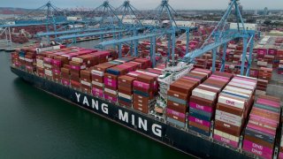 The YM Welcome container ship docked at the Port of Long Beach in Long Beach, California, US, on Monday, April 28, 2025.