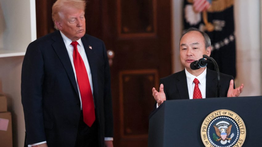 SoftBank CEO Masayoshi Son delivers remarks next to U.S. President Donald Trump at an ‘Investing in America’ event in Washington, D.C., U.S., April 30, 2025.