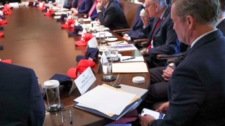 U.S. National Security Advisor Mike Waltz checks his mobile phone while attending a cabinet meeting held by U.S. President Donald Trump at the White House in Washington, D.C., U.S., April 30, 2025.