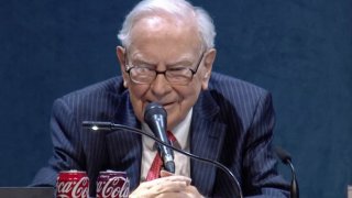 Warren Buffett speaks during the Berkshire Hathaway Annual Shareholders Meeting in Omaha, Nebraska on May 3, 2025.