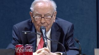 Warren Buffett speaks during the Berkshire Hathaway Annual Shareholders Meeting in Omaha, Nebraska on May 3, 2025.