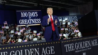 U.S. President Donald Trump speaks during a rally at Macomb Community College on April 29, 2025, at Warren, Michigan, U.S.