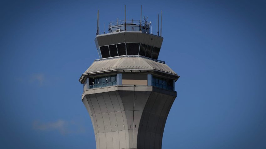 The FAA Air Traffic Control tower at Newark Liberty International Airport in Newark, New Jersey on May 7, 2025.