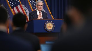 Federal Reserve Chair Jerome Powell speaks during a news conference following a Federal Open Market Committee meeting at the William McChesney Martin Jr. Federal Reserve Board Building on May 7, 2025 in Washington, DC.