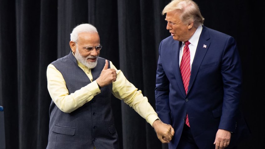 US President Donald Trump and Indian Prime Minister Narendra Modi attend “Howdy, Modi!” at NRG Stadium in Houston, Texas, September 22, 2019. Tens of thousands of Indian-Americans converged on Houston on Sunday for an unusual joint rally by Donald Trump and Narendra Modi, a visible symbol of the bond between the nationalist-minded leaders. With many in the crowd decked out in formal Indian attire or the signature saffron of Modi’s Bharatiya Janata Party, the event kicked off in a football stadium with a Sikh blessing, boisterous bhangra dancing and, in a nod to local customs, cheerleaders in cowboy hats. (Photo by SAUL LOEB / AFP) (Photo by SAUL LOEB/AFP via Getty Images)