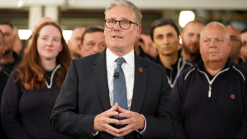 Britain’s Prime Minister Keir Starmer speaks to employees at a car factory in the West Midlands, Britain, on May 8, 2025.