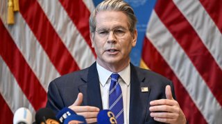 U.S. Treasury Secretary Scott Bessent discusses the temporary U.S.-China trade agreement in a news conference in Geneva on May 12, 2025.