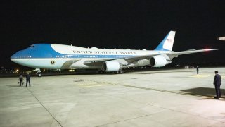 U.S. Air Force One upon arrival at the at Fiumicino Airport on April 25, 2025 in Rome, Italy.