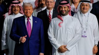 U.S. President Donald Trump and Saudi Crown Prince Mohammed Bin Salman pose for a group photo during the Saudi-U.S. Investment Forum, in Riyadh, Saudi Arabia, May 13, 2025.