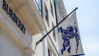 An Equestrian Knight Device logo on a flag outside the Burberry Group Plc luxury boutique in London, UK, on Tuesday, May 13, 2025.