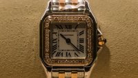 A Cartier de Panthere wristwatch on display at a Cartier luxury goods store, operated by Cie. Financiere Richemont.