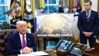 U.S. President Donald Trump makes an announcement regarding the Golden Dome missile defense shield next to U.S. Defense Secretary Pete Hegseth in the Oval Office of the White House in Washington, D.C., U.S., May 20, 2025.