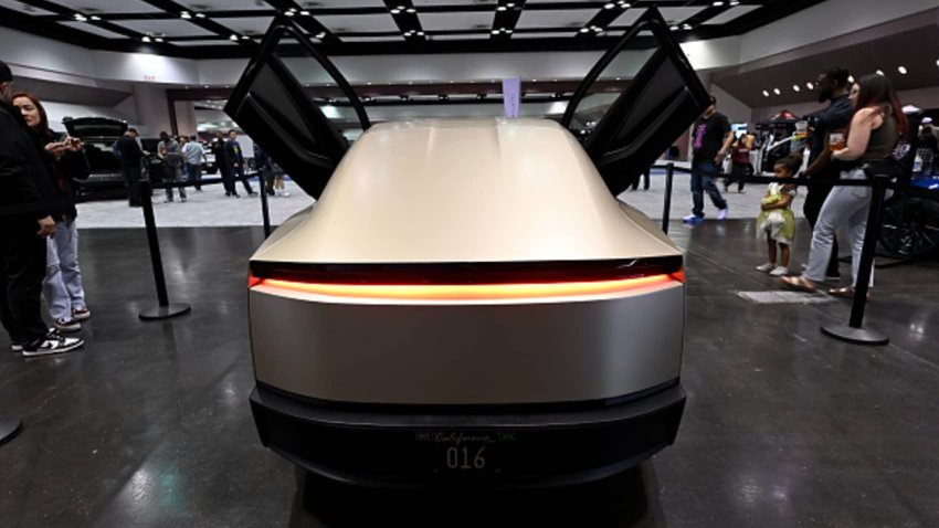 A view of a Tesla Cybercab, also known as the Robotaxi, during the Silicon Valley Auto Show at Santa Clara Convention Center in California, U.S., on Feb. 22, 2025.