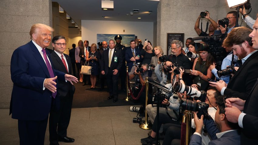 With Speaker of the House Mike Johnson (R-LA) by his side U.S. President Donald Trump speaks to the press following a House Republican meeting at the U.S. Capitol on May 20, 2025 in Washington, DC, U.S.