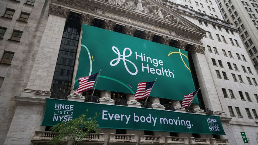 Hinge Health signage outside the New York Stock Exchange (NYSE) during the company’s initial public offering (IPO) in New York, US, on Thursday, May 21, 2025.