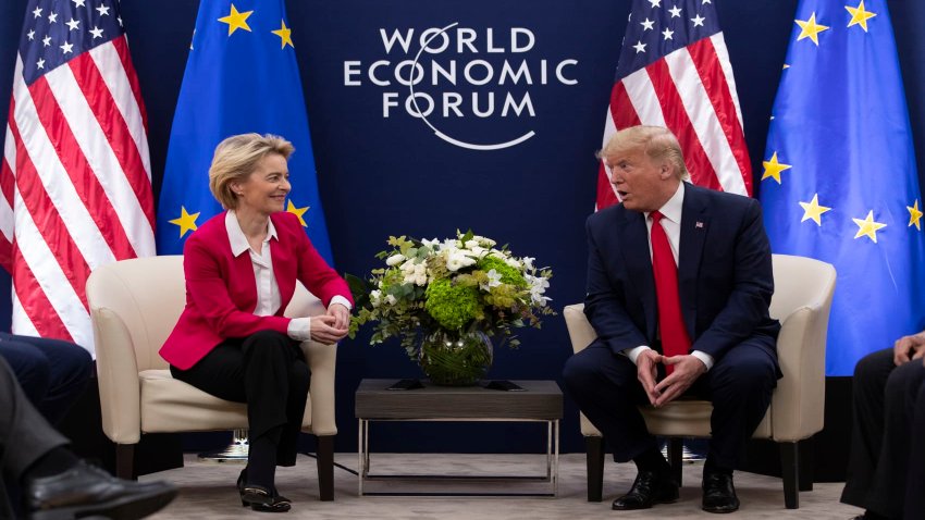 President Donald Trump meets with European Commission President Ursula von Der Leyen at the World Economic Forum, Tuesday, Jan. 21, 2020, in Davos, Switzerland.