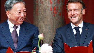 French President Emmanuel Macron at a luncheon with Vietnam’s Communist Party General Secretary To Lam at the Temple of Literature in Hanoi, Vietnam, on May 26, 2025.