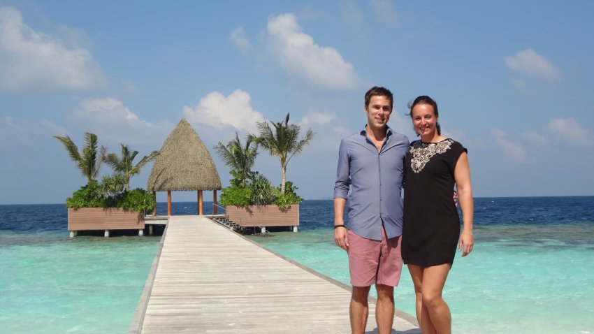 Marc LeBlanc and Laura Robinson in the Maldives, where they lived for seven years.