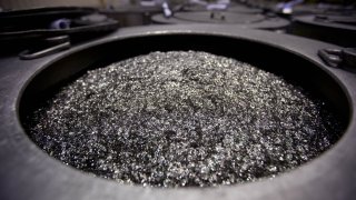 Annealed neodymium iron boron magnets sit in a barrel prior to being crushed into powder at Neo Material Technologies Inc.’s Magnequench Tianjin Co. factory in Tianjin, China.