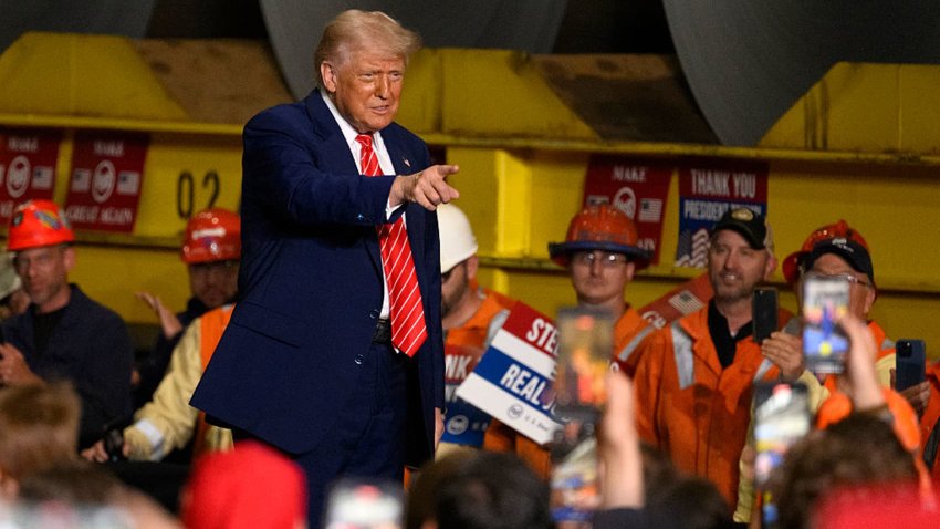President Donald Trump speaks to supporters during a rally at the US Steel-Irvin Works on May 30, 2025 in West Mifflin, Pennsylvania.