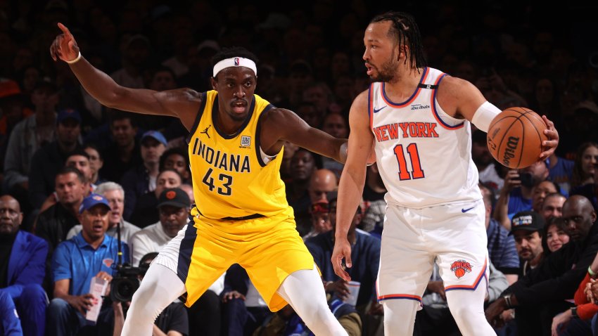 Pascal Siakam of the Indiana Pacers plays defense against Jalen Brunson of the New York Knicks