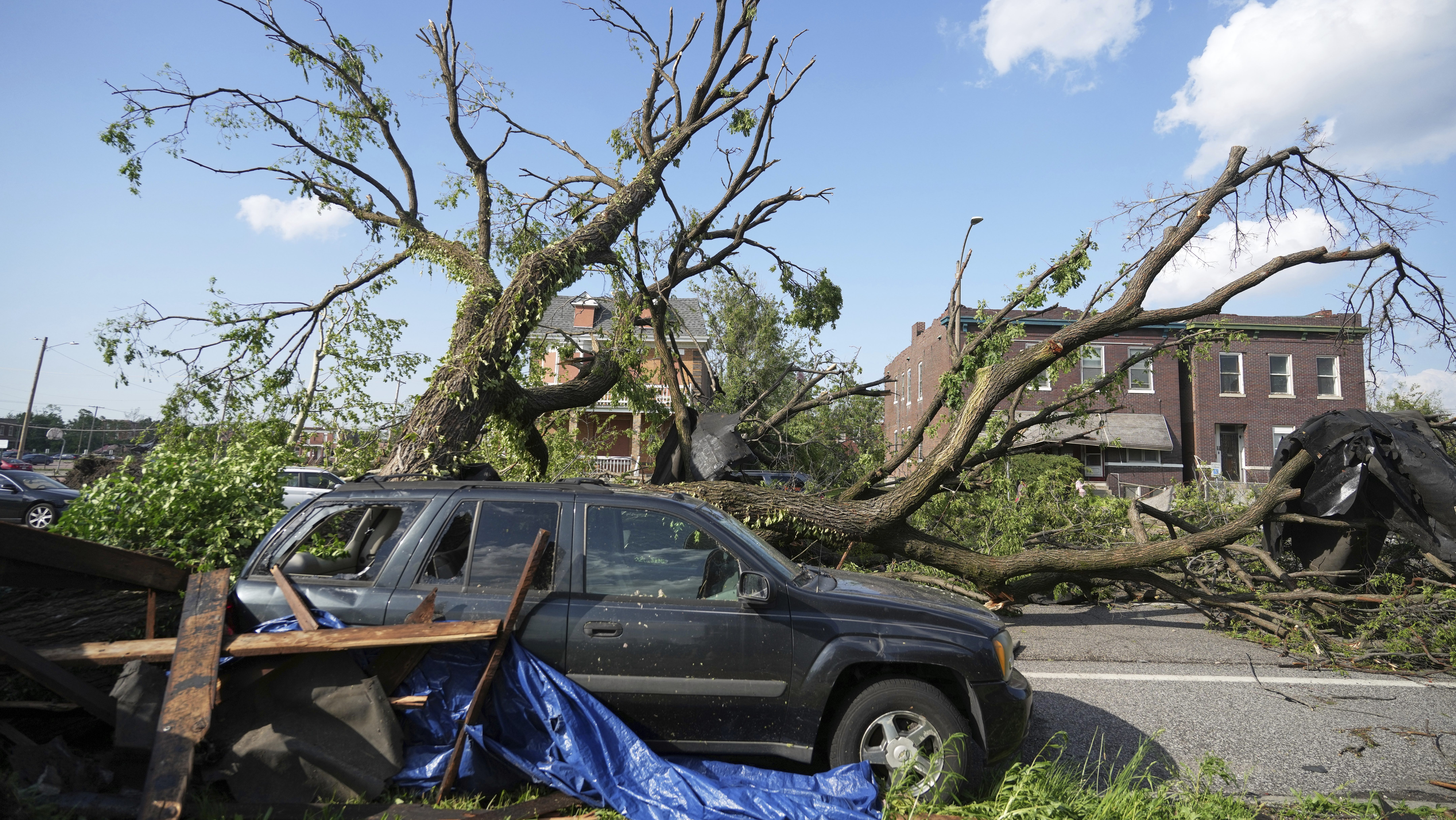A large tree blocks a road after a severe storm moved through Friday, May 16, 2025, in St. Louis.