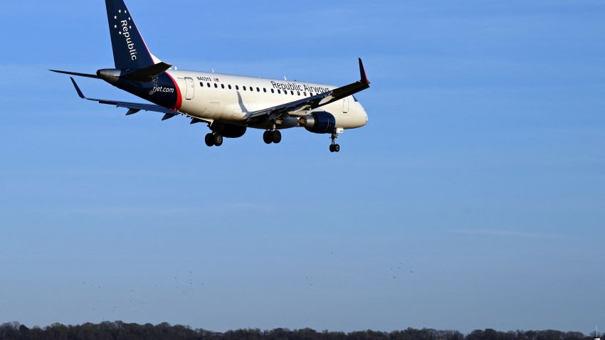 A Republic Airways plane approaches the runway at Ronald Reagan Washington National Airport (DCA) in Arlington, Virginia, on April 2, 2022.