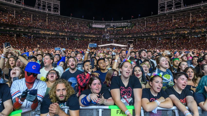 CHICAGO, ILLINOIS – AUGUST 15: A view of the crowd at the Hella Mega Tour at Wrigley Field on August 15, 2021 in Chicago, Illinois. (Photo by Timothy Hiatt/Getty Images)