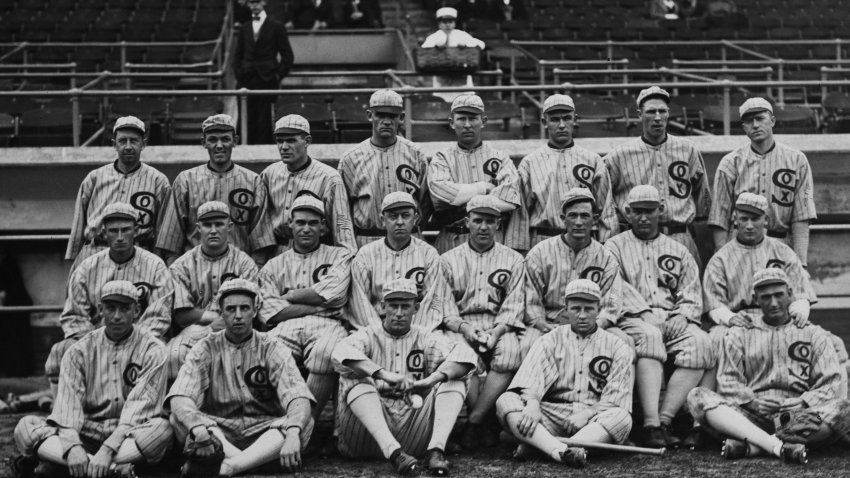 Mellie Wolfgang, Eddie Collins, Eddie Cicotte, Joe Benz, Ziggy Hasbrouck, Eddie Murphy, Buck Weaver, Chick Gandil, Byrd Lynn, Ray Schalk, Reb Russell, Shano Collins, Ted Jourdan, Happy Felsch, Fred McMullin, Bobby Byrne, Dave Danforth, Lefty Williams, Joe Jenkins, Nemo Leibold, Swede Risberg and bottom row far right Shoeless Joe Jackson of the 1917 American League Chicago White Sox baseball team during the Major League Baseball season circa October 1917 at Comiskey Park in Chicago, Illinois, United States. (Photo by Paul Thompson/FPG/Archive Photos/Getty Images)
