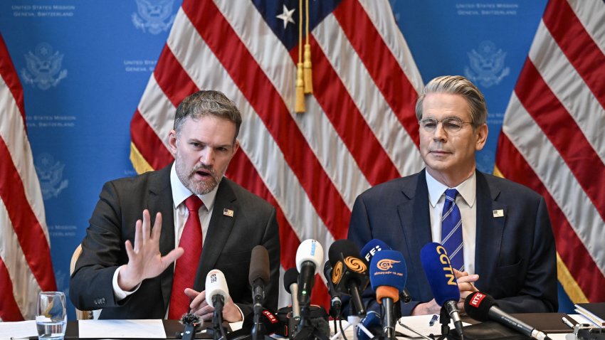 US Treasury Secretary Scott Bessent (R) and US Trade Representative Jamieson Greer hold a news conference in Geneva on May 12, 2025, to give details of “substantial progress” following a two-day closed-door meeting between US and China top officials aimed at ending a devastating tariff war. (Photo by Fabrice COFFRINI / AFP) (Photo by FABRICE COFFRINI/AFP via Getty Images)