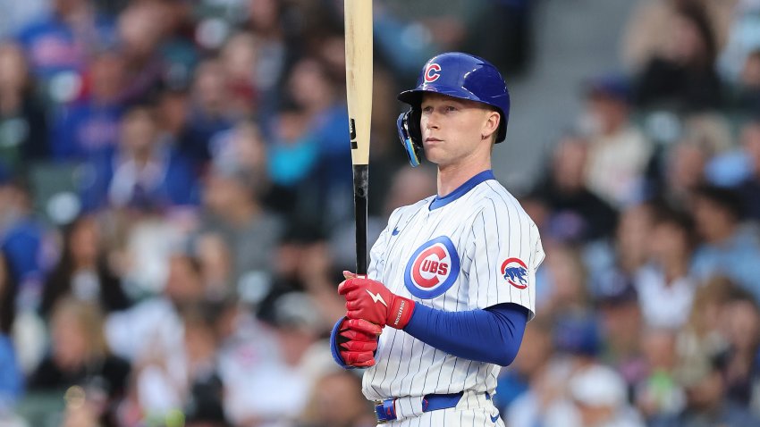 CHICAGO, ILLINOIS – MAY 12: Pete Crow-Armstrong #4 of the Chicago Cubs looks on from the on-deck circle against the Miami Marlins during the third inning at Wrigley Field on May 12, 2025 in Chicago, Illinois. (Photo by Michael Reaves/Getty Images)