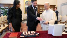 VATICAN CITY, VATICAN - MAY 19:  (EDITOR NOTE: STRICTLY EDITORIAL USE ONLY - NO MERCHANDISING). Pope Leo XIV exchanges gifts with US Vice President J.D. Vance and his wife Usha Vance during a private audience at the Apostolic Palace on May 19, 2025 in Vatican City, Vatican. The Holy See Press Office announced that Pope Leo XIV met with the Vice President of the United States of America, James David Vance, on Monday morning. The US Secretary of State, Marco Rubio, and their wives were also present at the audience.The US Vice President and Secretary of State represented the United States at the Pope’s Mass of Inauguration of his Petrine Ministry on Sunday morning in St. Peter’s Square. (Photo by Simone Risoluti Vatican Media via Vatican Pool/Getty Images)