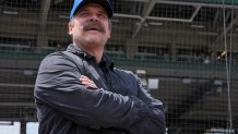 CHICAGO, IL - MAY 26: Actor David Harbour stands on the field prior to the game between the Colorado Rockies and the Chicago Cubs at Wrigley Field on Monday, May 26, 2025 in Chicago, Illinois. (Photo by George Gaza/MLB Photos via Getty Images)