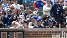 CHICAGO, IL - MAY 26: Actors Jeremy Allen White, Austin Butler, David Harbour and Jason Bateman talk in their seats during the game between the Colorado Rockies and the Chicago Cubs at Wrigley Field on Monday, May 26, 2025 in Chicago, Illinois. (Photo by Griffin Quinn/MLB Photos via Getty Images)