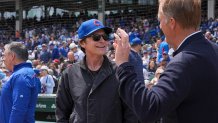 CHICAGO, IL - MAY 26: Actor Jason Bateman stands on the field prior to the game between the Colorado Rockies and the Chicago Cubs at Wrigley Field on Monday, May 26, 2025 in Chicago, Illinois. (Photo by George Gaza/MLB Photos via Getty Images)