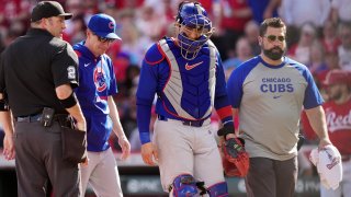 CINCINNATI, OHIO – MAY 24: Miguel Amaya #9 of the Chicago Cubs leaves the game after being injured in the fifth inning against the Cincinnati Reds at Great American Ball Park on May 24, 2025 in Cincinnati, Ohio. (Photo by Dylan Buell/Getty Images)